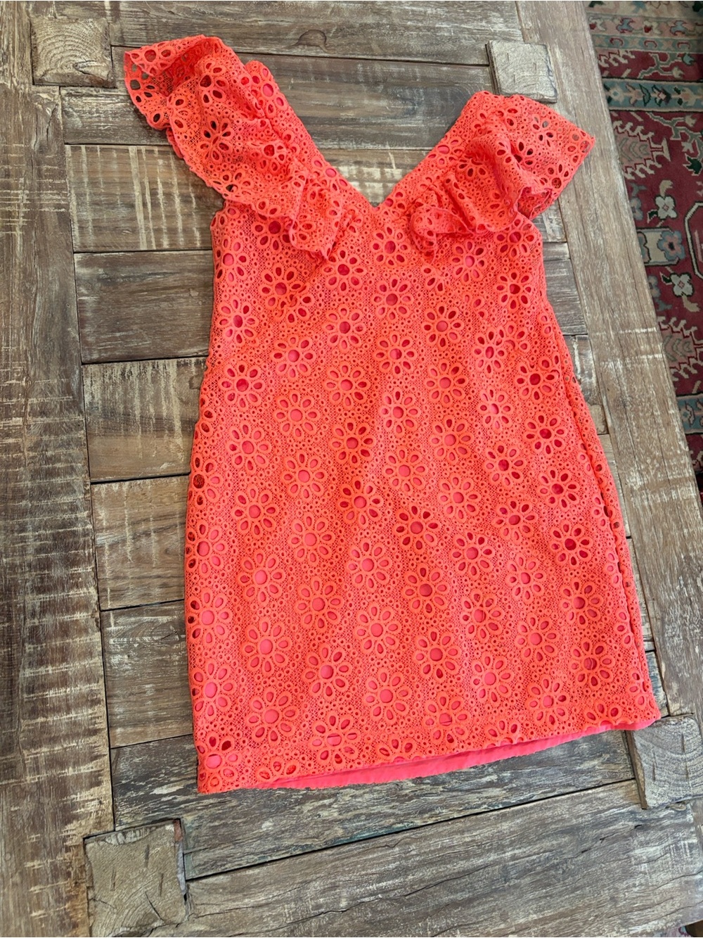 Trina Turk Neriah Coral Eyelet Ruffle Sleeve Cocktail Dress Size 10